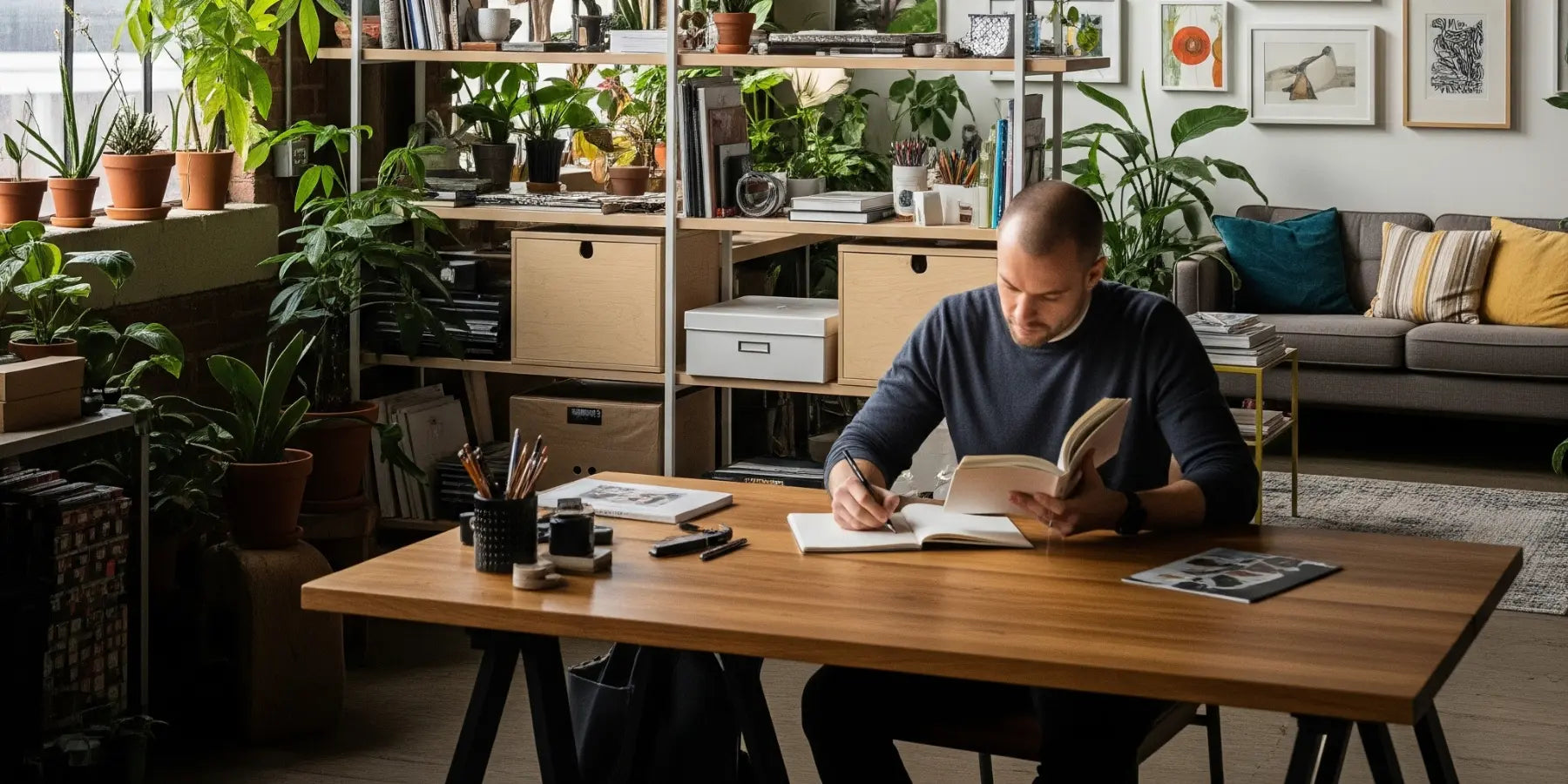 Autor sitzt im Wohnzimmer am Schreibtisch und schreibt ein Buch