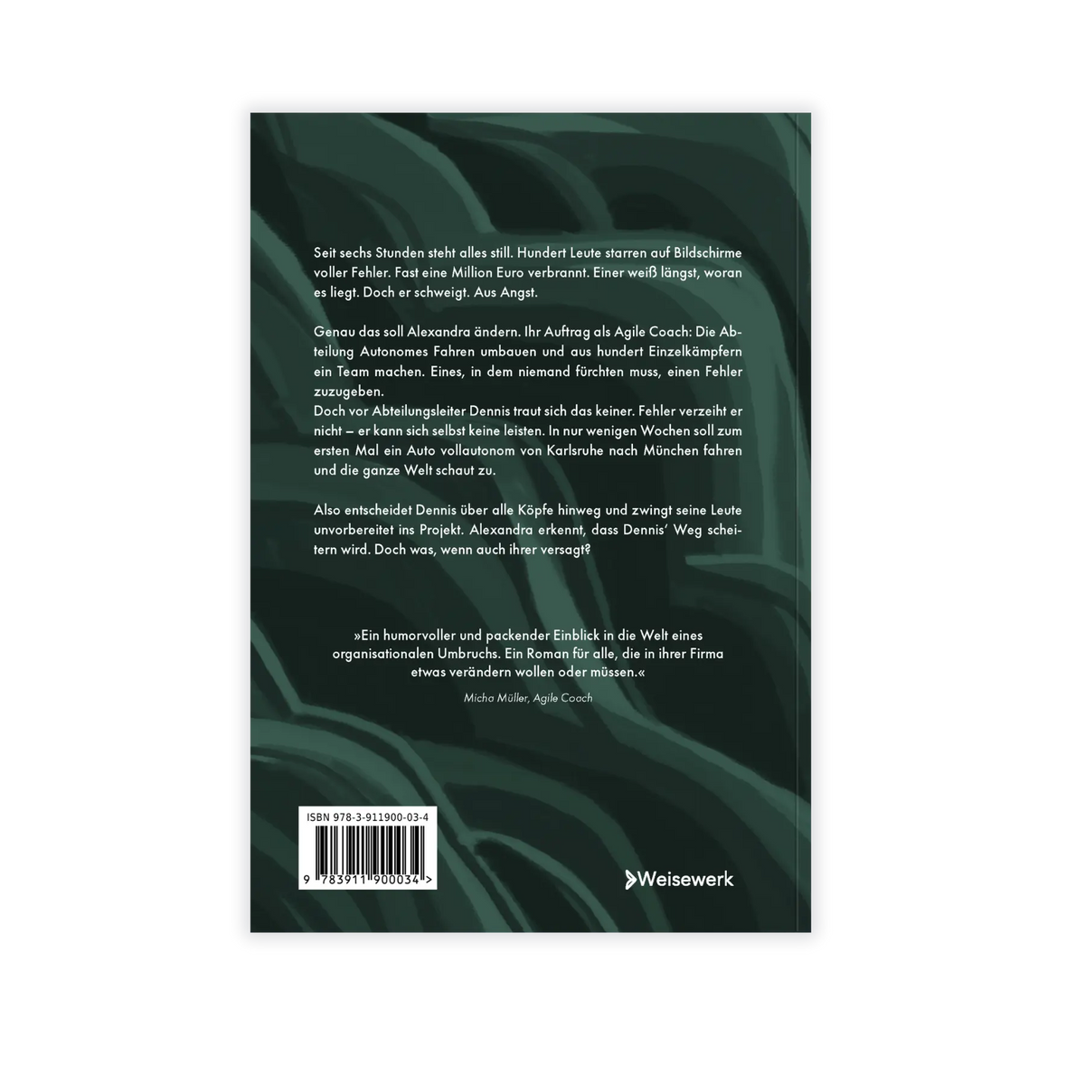 Backcover vom Business-Roman "Die Agilistin – Wie Menschen gemeinsam ihre Firma verändern", ein Wirtschaftsroman von Phillip Nalesny und Weisewerk über Führung, Agile Transformation & Change Management für Führungskräfte, Coaches & Berater