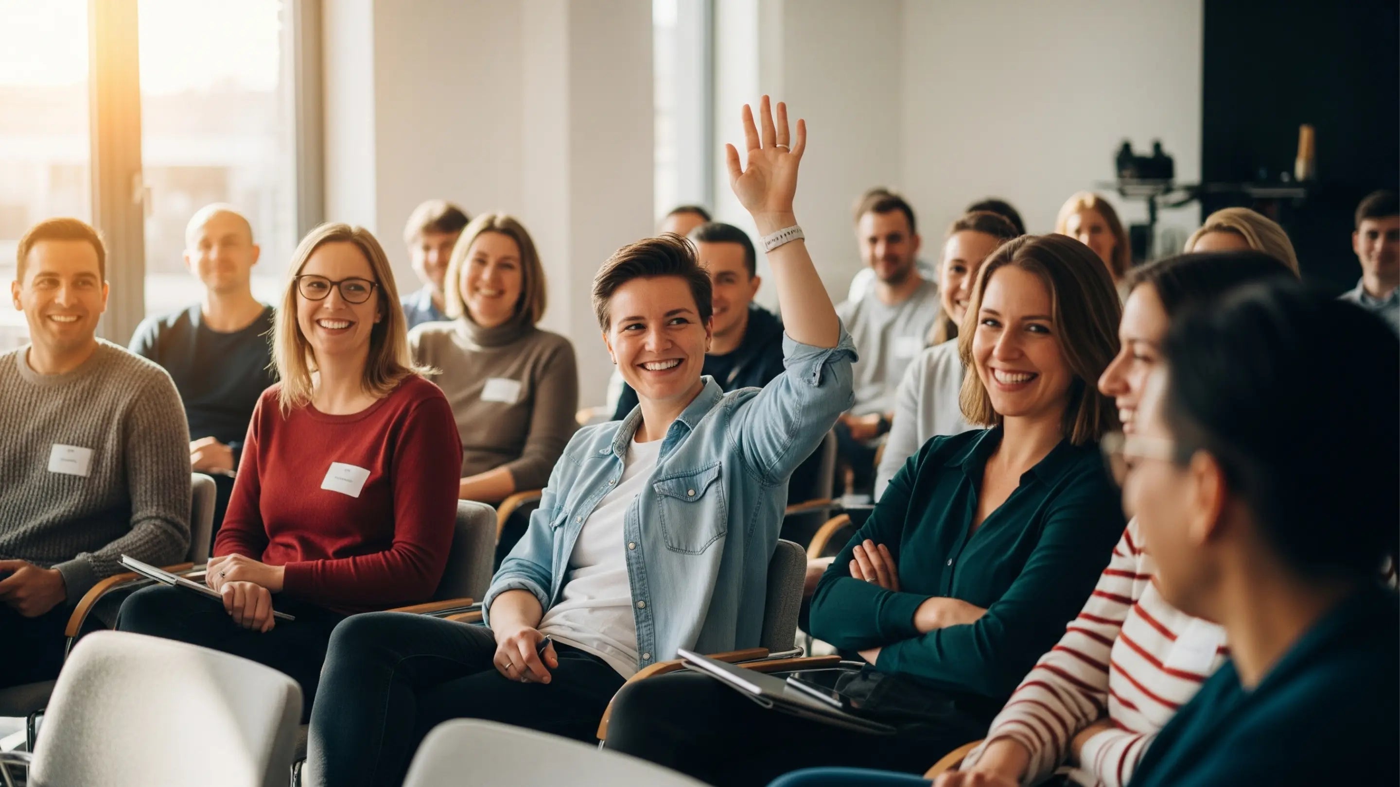 Gruppe von Menschen bei einer Fragerunde mit einer Frau, die eine Frage hat und ihre Hand hebt