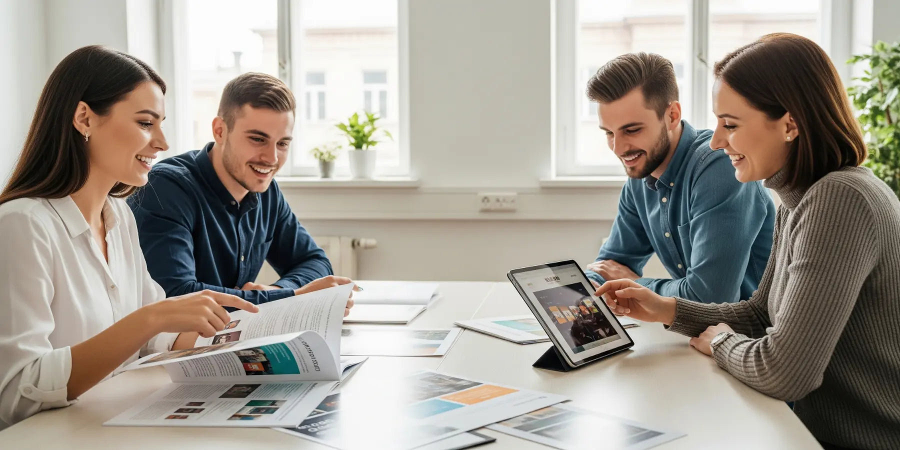 Team sitzt am Schreibtisch mit Magazinen, Broschüren und Tablet