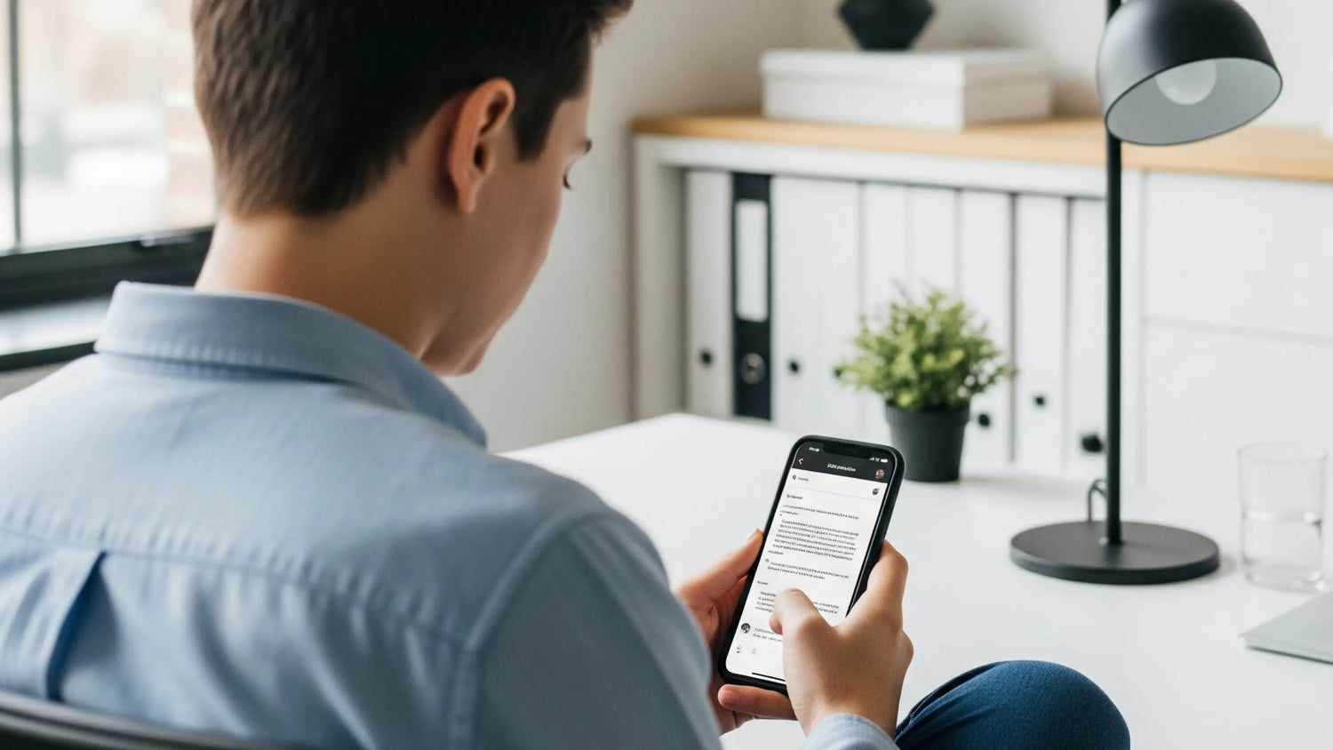 Person sitzt am Handy, um Bennus Media zu kontaktieren