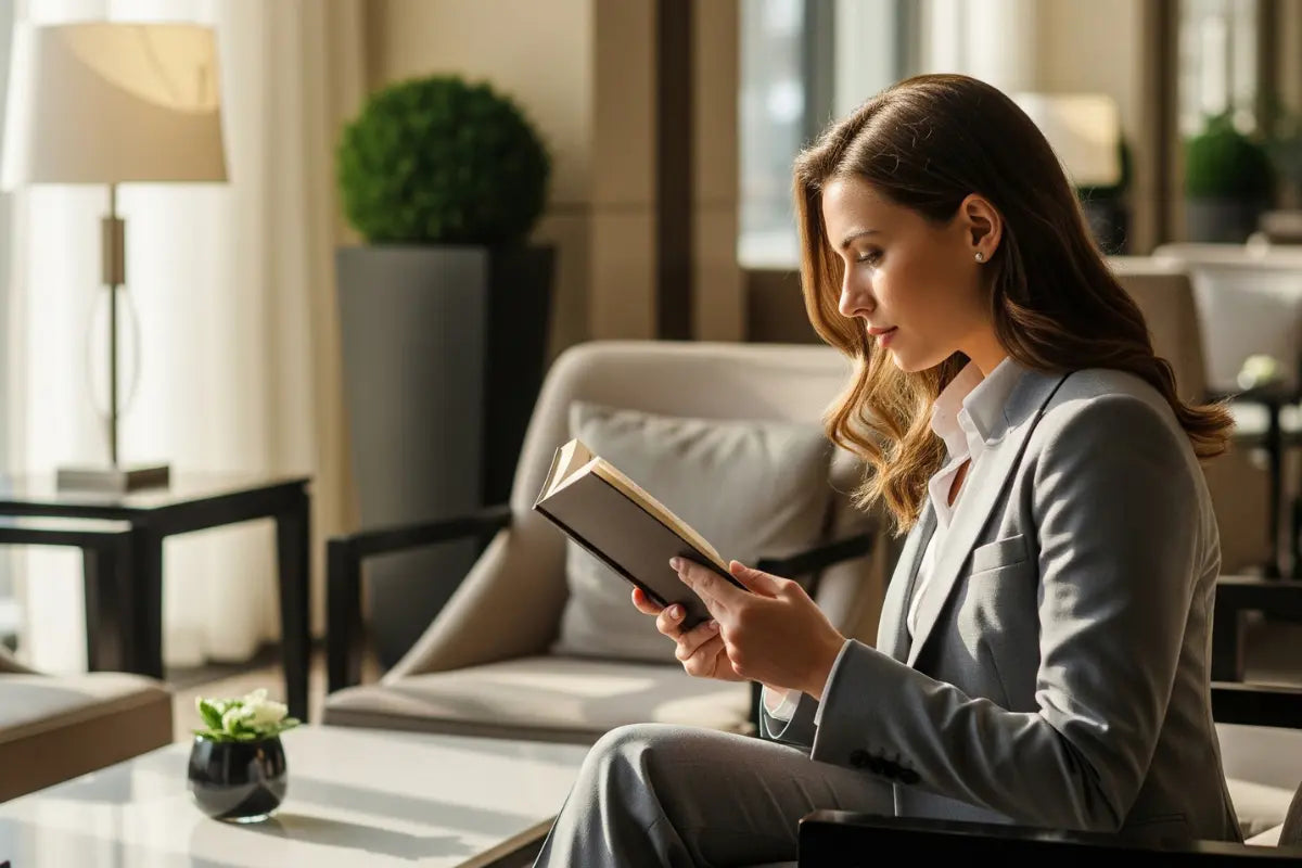 Frau im Anzug sitzt in Lobby und liest einen Business-Roman