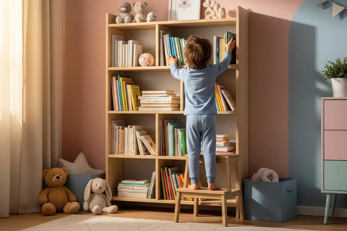 Kind im Kinderzimmer steht vor Bücherregal und sucht nach einem Kinderbuch