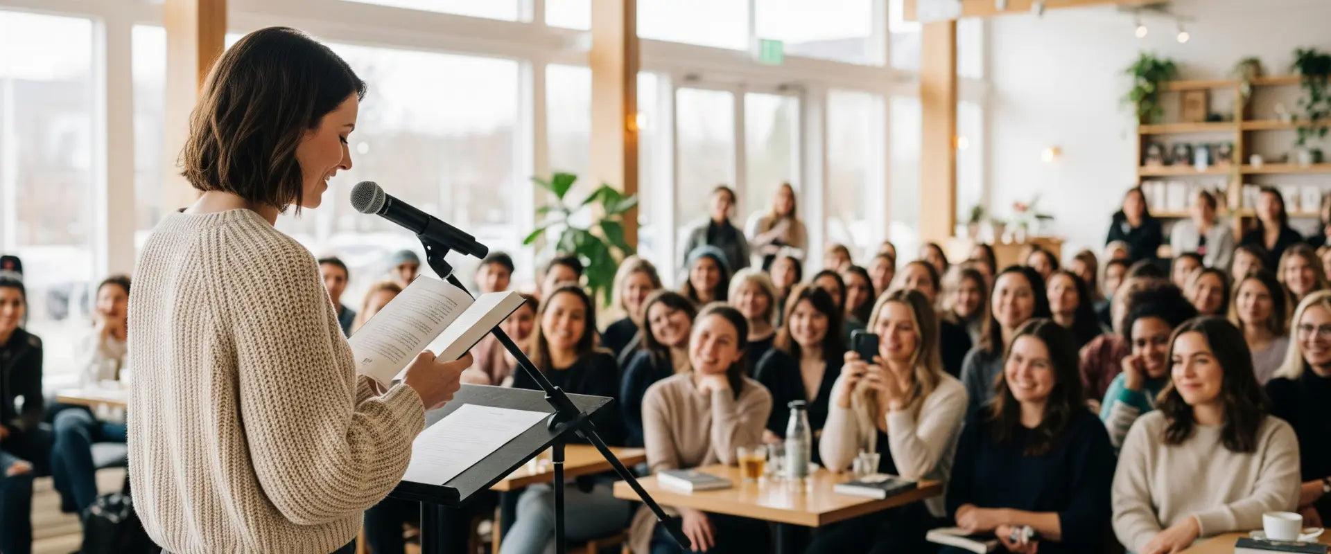 Autorin steht auf der Bühne und liest bei einer Lesung vor großem Publikum in einer Bücherhalle aus ihrem Buch vor