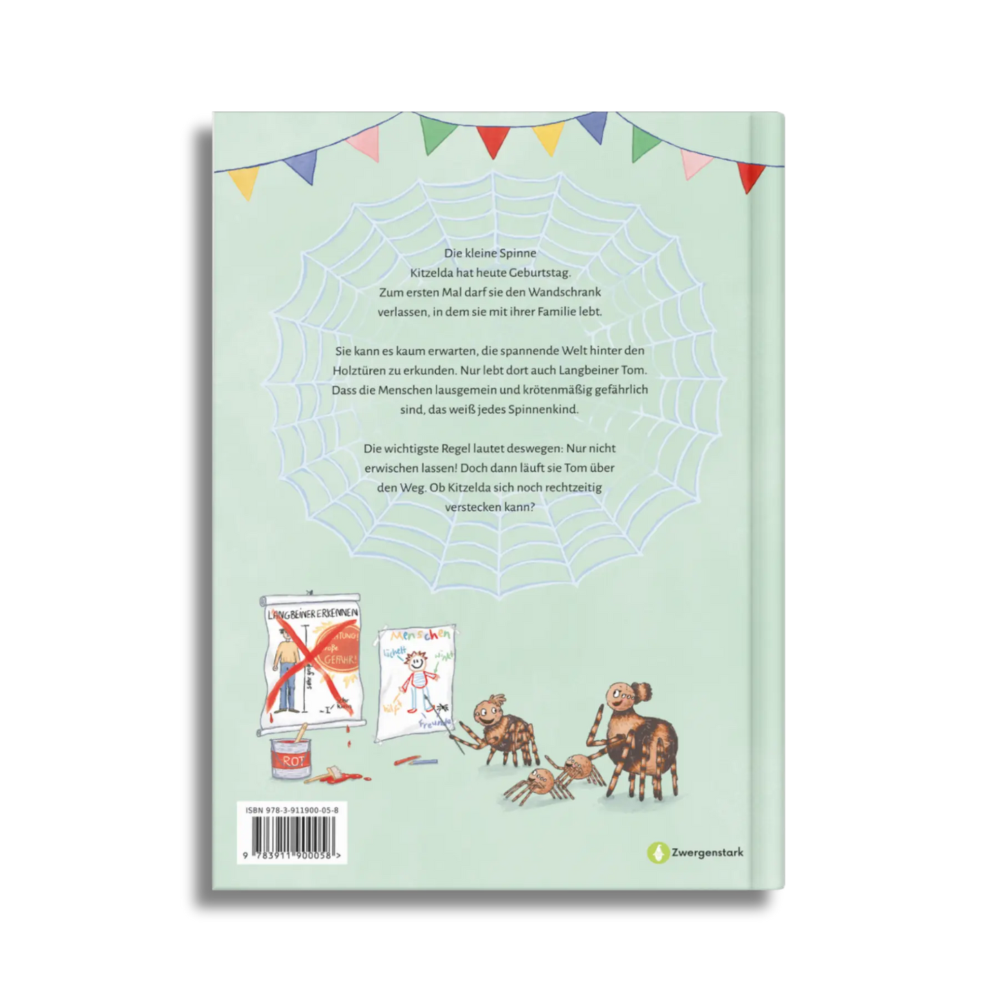 Backcover vom Kinderbuch "Iiih, ein Mensch!", ein Bilderbuch für Kinder ab 4 Jahren über die ungewöhnliche Freundschaft zwischen einer Spinne und einem Menschen von Maria Leon, Alice Feil-Roots und Zwergenstark