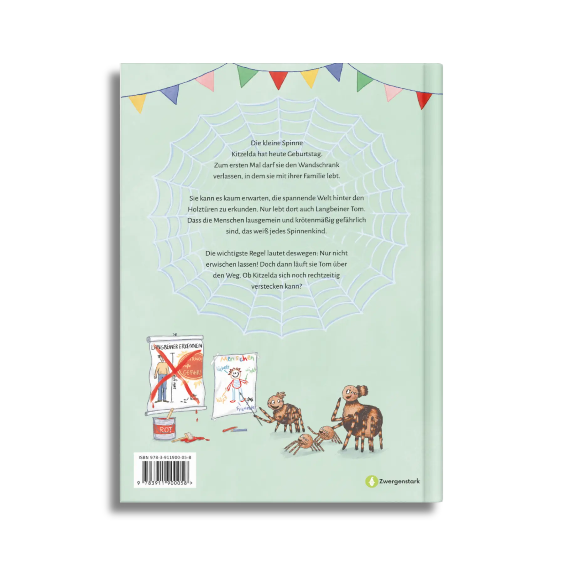 Backcover vom Kinderbuch "Iiih, ein Mensch!", ein Bilderbuch für Kinder ab 4 Jahren über die ungewöhnliche Freundschaft zwischen einer Spinne und einem Menschen von Maria Leon, Alice Feil-Roots und Zwergenstark