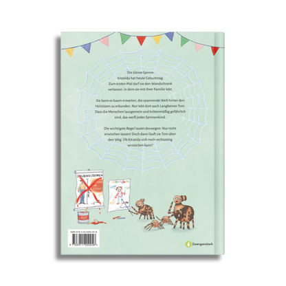 Backcover vom Kinderbuch "Iiih, ein Mensch!", ein Bilderbuch für Kinder ab 4 Jahren über die ungewöhnliche Freundschaft zwischen einer Spinne und einem Menschen von Maria Leon, Alice Feil-Roots und Zwergenstark