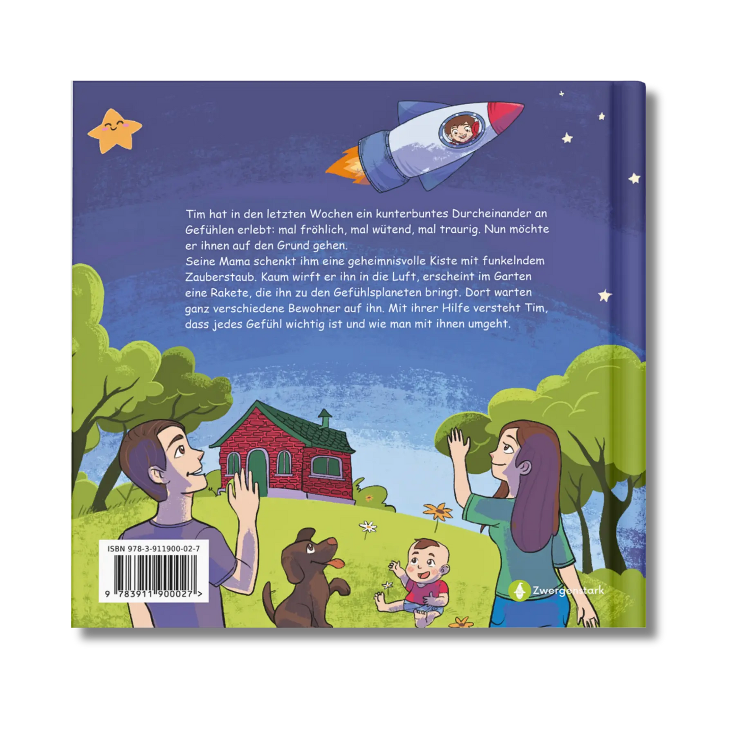 Backcover vom Kinderbuch "Im Weltraum der Gefühle – Tim und die Gefühlsplaneten", ein Bilderbuch für Kinder ab 3 Jahren von Angelina Wenzler und Zwergenstark