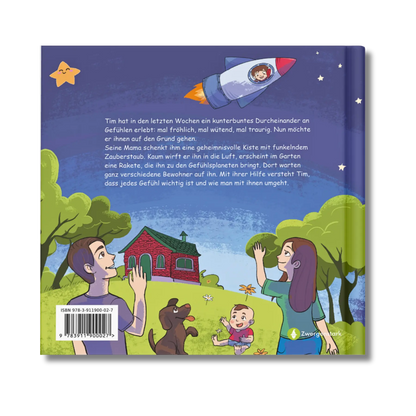 Backcover vom Kinderbuch "Im Weltraum der Gefühle – Tim und die Gefühlsplaneten", ein Bilderbuch für Kinder ab 3 Jahren von Angelina Wenzler und Zwergenstark