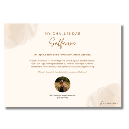 Backcover vom Selfcare-Challendar, ein Mitmach-Jounal mit 30 Selfcare Challenges von Angelina Wenzler (muddivated) und Bennus Media für mehr Achtsamkeit, Selbstliebe und Dankbarkeit im Alltag