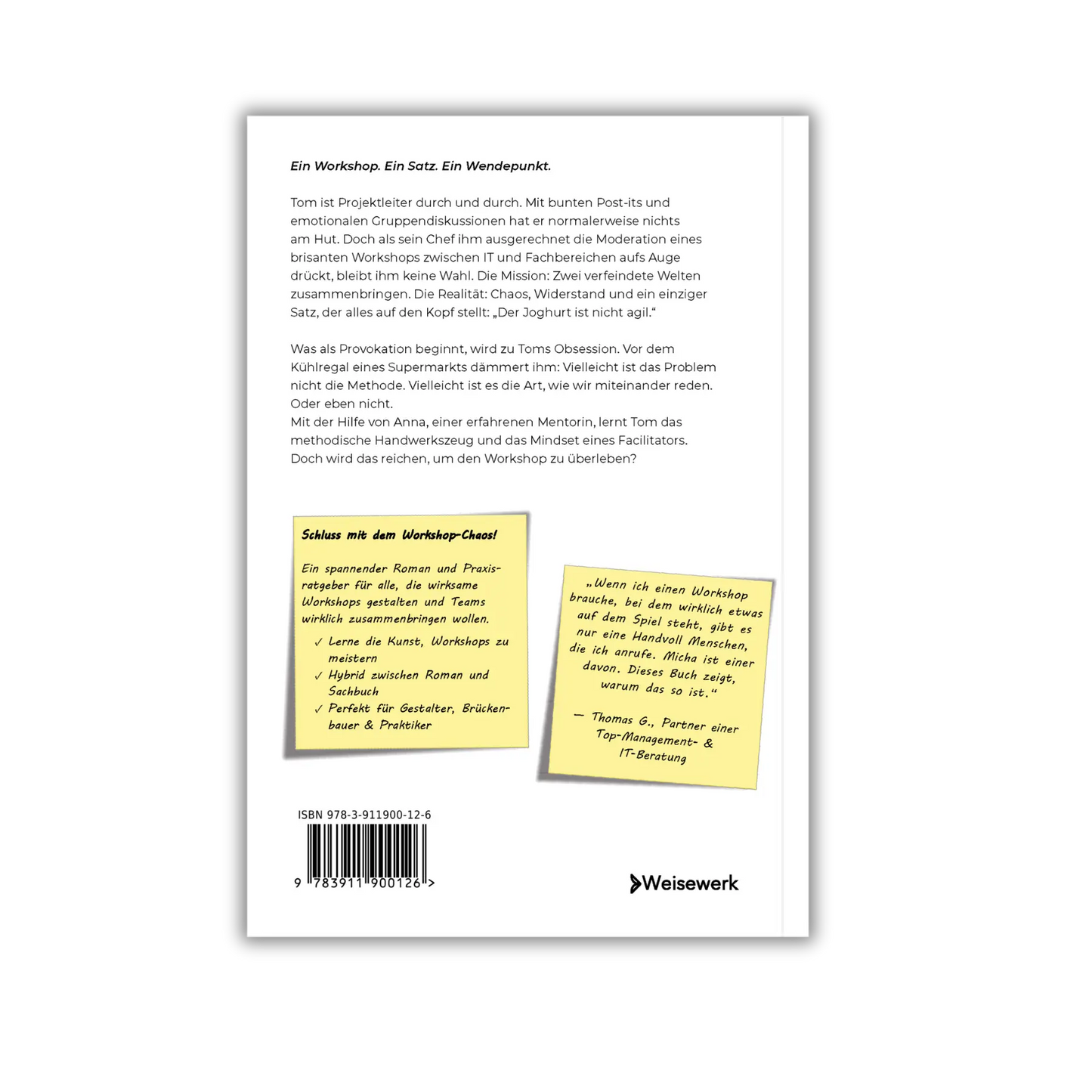 Backcover vom Buch "Der Joghurt ist nicht agil – Ein Roman über Scheitern, Workshops und die Kunst, Brücken zu bauen", ein Workshop-Buch als Wirtschaftsroman von Micha Müller und Weisewerk