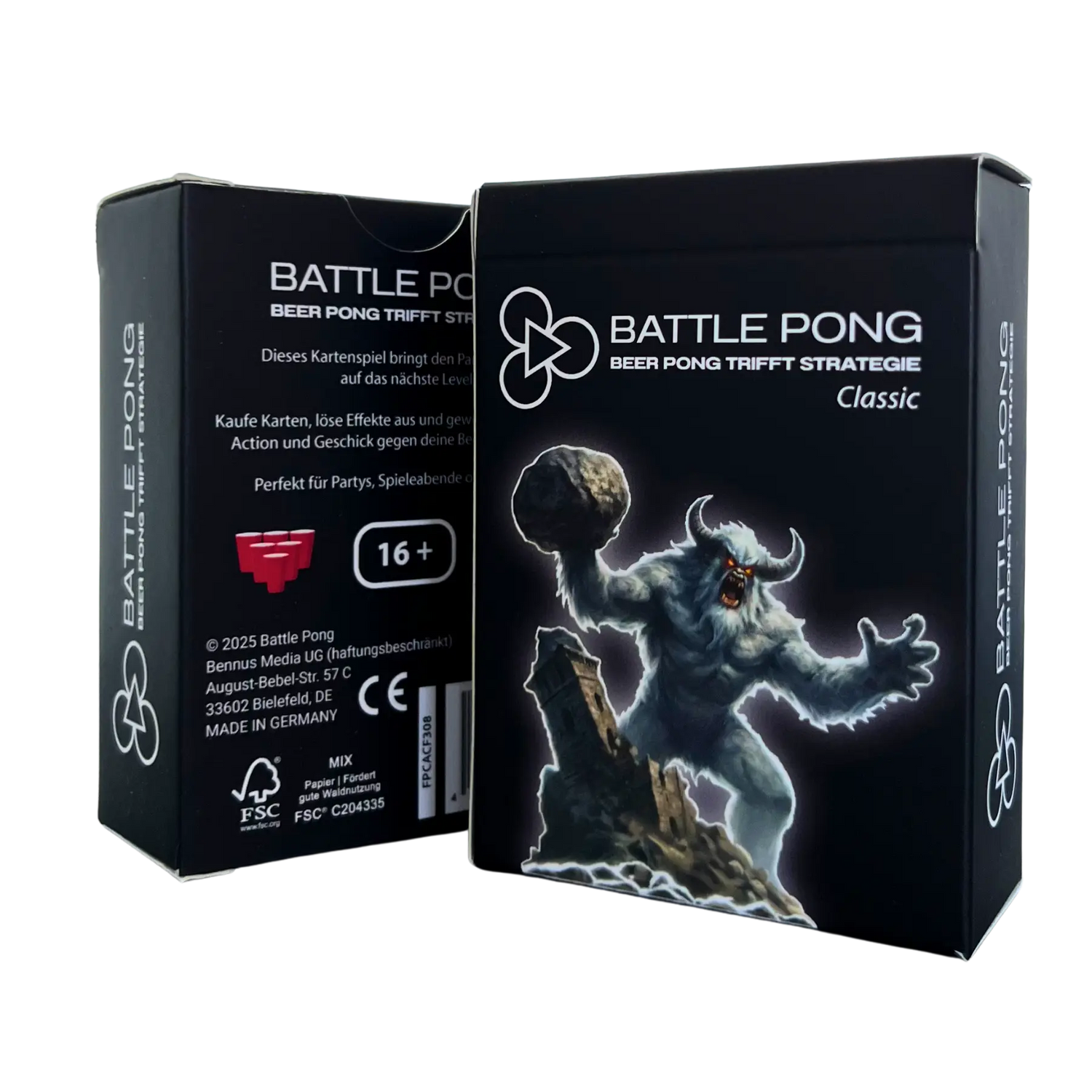 Front- und Backcover von Battle Pong Classic, ein Kartenspiel für Beer Pong. Partyspiel ab 16 Jahren, auch als Trinkspiel mit Karten geeignet.