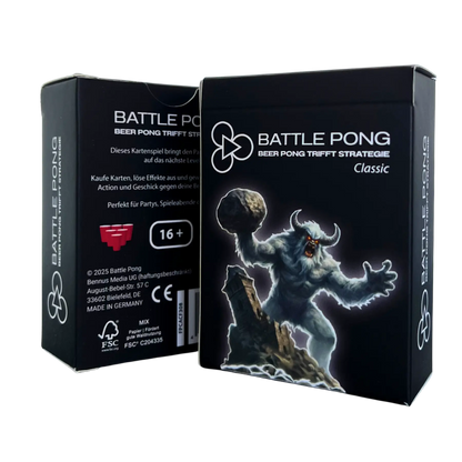 Front- und Backcover von Battle Pong Classic, ein Kartenspiel für Beer Pong. Partyspiel ab 16 Jahren, auch als Trinkspiel mit Karten geeignet.