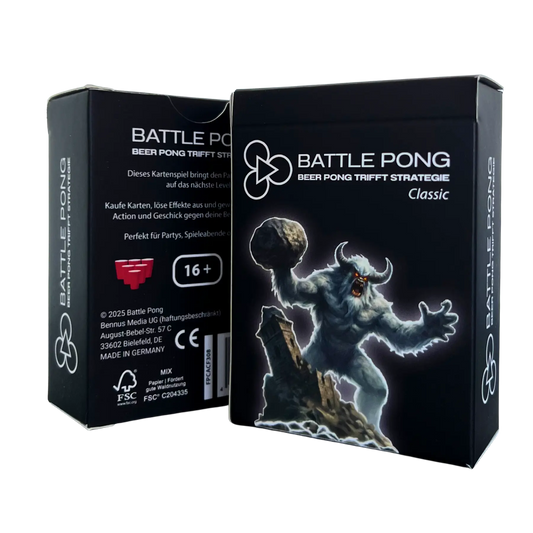 Front- und Backcover von Battle Pong Classic, ein Kartenspiel für Beer Pong. Partyspiel ab 16 Jahren, auch als Trinkspiel mit Karten geeignet.