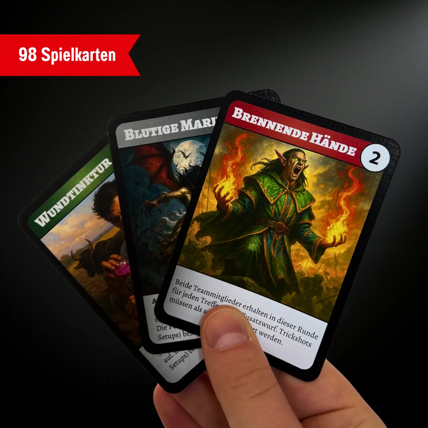 Drei Spielkarten von Battle Pong Classic, ein Kartenspiel mit 98 Karten für Beer Pong. Partyspiel ab 16 Jahren, auch als Trinkspiel mit Karten geeignet.