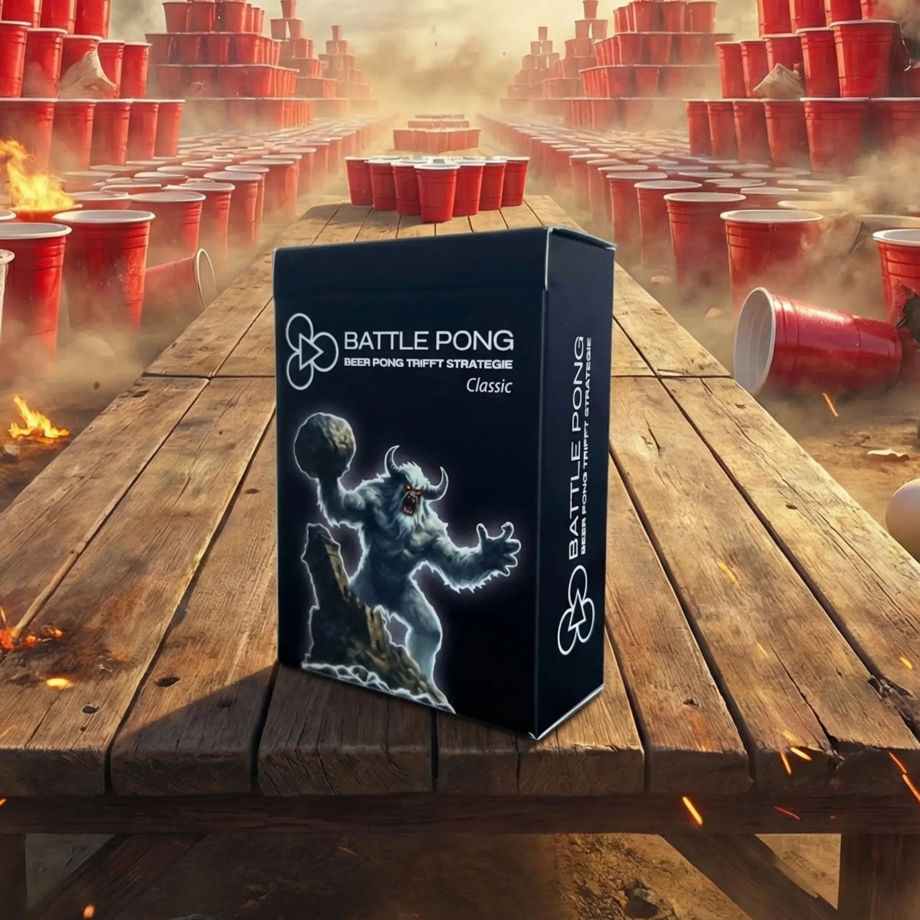 Produktfoto mit Red Cups und Battle Pong Classic, ein Kartenspiel für Beer Pong. Partyspiel ab 16 Jahren, auch als Trinkspiel mit Karten geeignet.