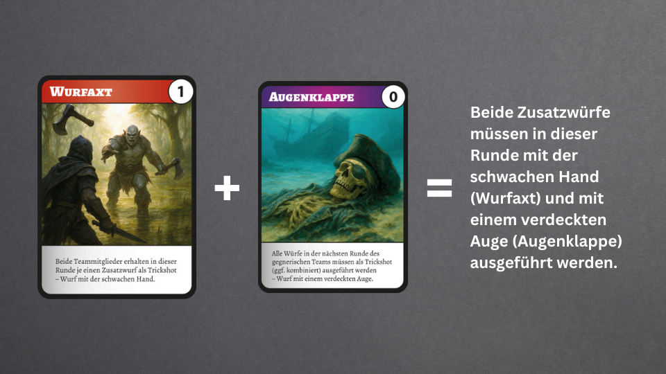 Beispiel zur Kombination von Karteneffekten bei Battle Pong, ein Kartenspiel für Beer Pong. Partyspiel ab 16 Jahren, auch als Trinkspiel mit Karten geeignet.