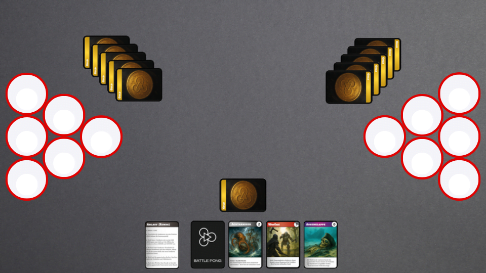 Aufbau des Spielfelds von Battle Pong, ein Kartenspiel für Beer Pong. Partyspiel ab 16 Jahren, auch als Trinkspiel mit Karten geeignet.