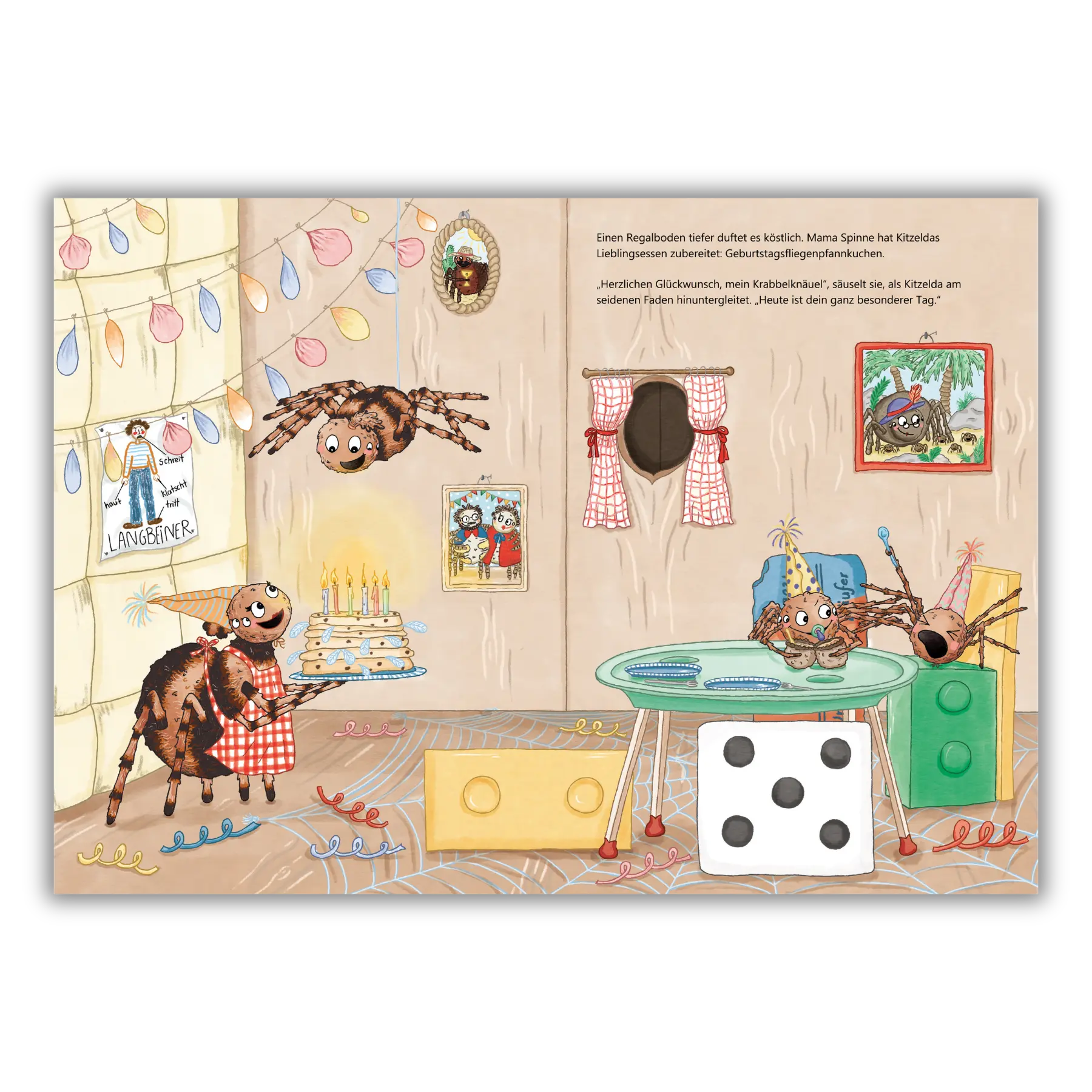 Doppelseite 1 vom Kinderbuch "Iiih, ein Mensch!", ein Bilderbuch für Kinder ab 4 Jahren über die ungewöhnliche Freundschaft zwischen einer Spinne und einem Menschen von Maria Leon, Alice Feil-Roots und Zwergenstark