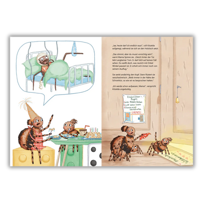 Doppelseite 2 vom Kinderbuch "Iiih, ein Mensch!", ein Bilderbuch für Kinder ab 4 Jahren über die ungewöhnliche Freundschaft zwischen einer Spinne und einem Menschen von Maria Leon, Alice Feil-Roots und Zwergenstark