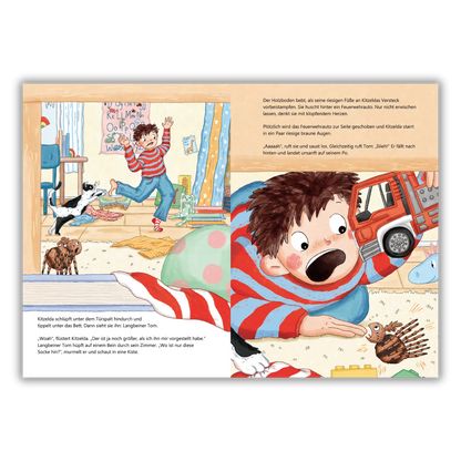 Doppelseite 3 vom Kinderbuch "Iiih, ein Mensch!", ein Bilderbuch für Kinder ab 4 Jahren über die ungewöhnliche Freundschaft zwischen einer Spinne und einem Menschen von Maria Leon, Alice Feil-Roots und Zwergenstark