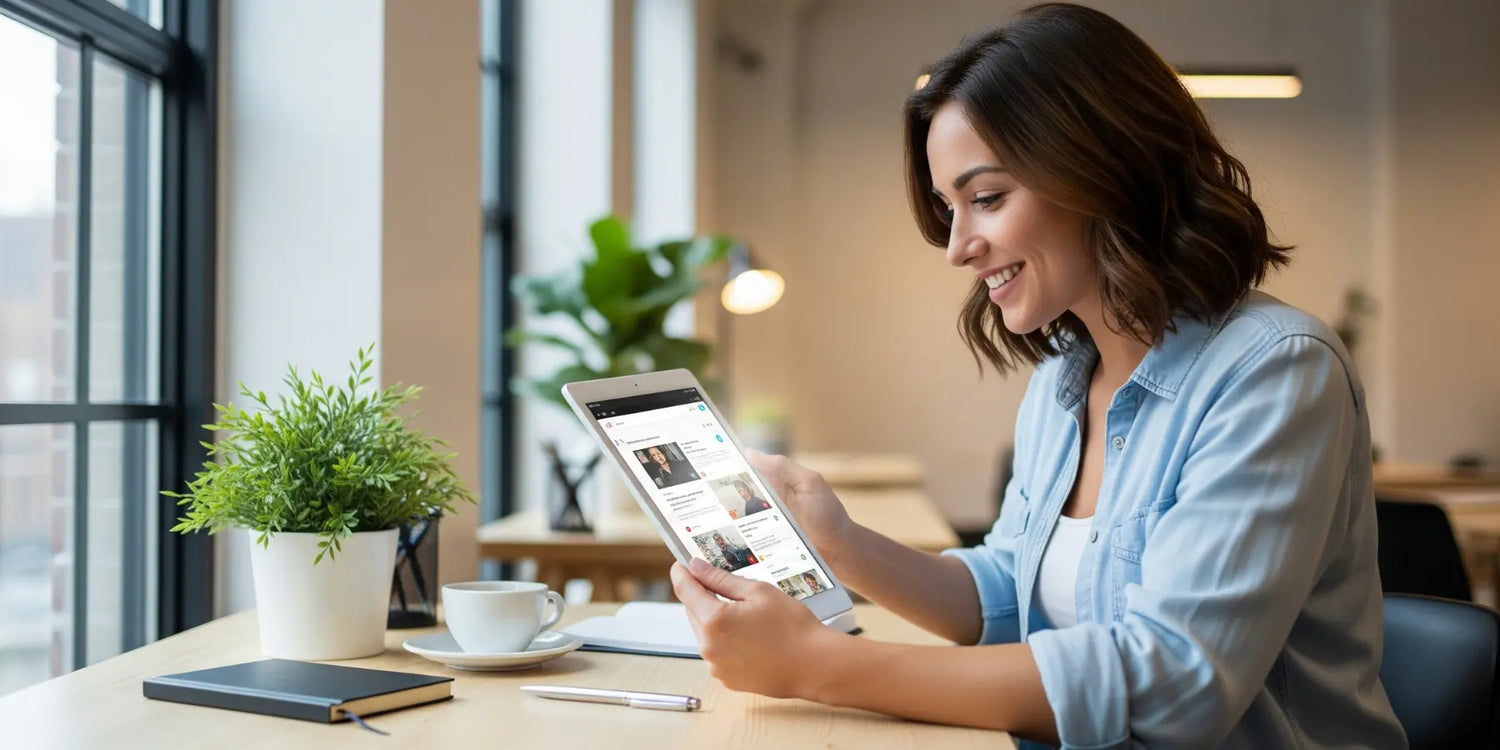 Frau sitzt am Schreibtisch und liest Content am Tablet