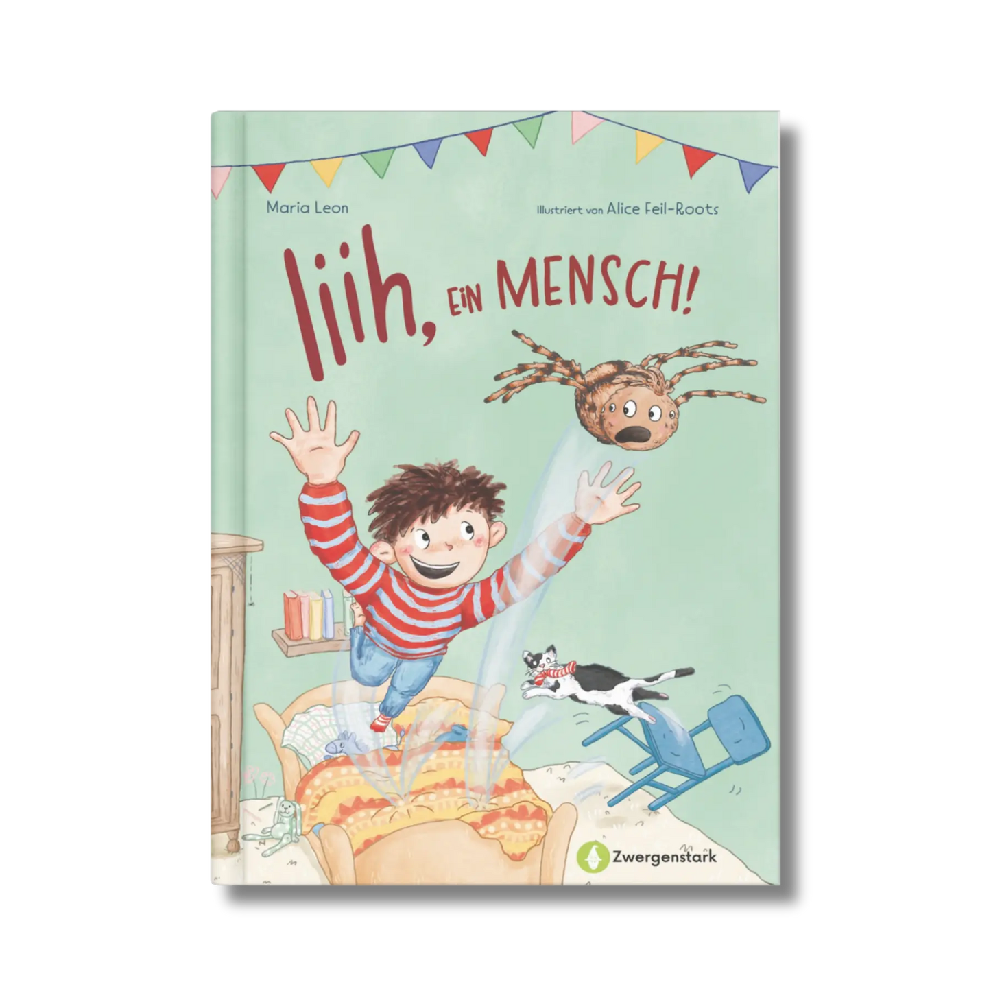 Frontcover vom Kinderbuch "Iiih, ein Mensch!", ein Bilderbuch für Kinder ab 4 Jahren über die ungewöhnliche Freundschaft zwischen einer Spinne und einem Menschen von Maria Leon, Alice Feil-Roots und Zwergenstark