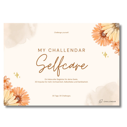 Frontcover vom Selfcare-Challendar, ein Mitmach-Jounal mit 30 Selfcare Challenges von Angelina Wenzler (muddivated) und Bennus Media für mehr Achtsamkeit, Selbstliebe und Dankbarkeit im Alltag