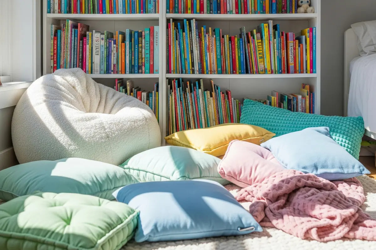 Foto von einer Leseecke mit Kinderbüchern in einem Kinderzimmer