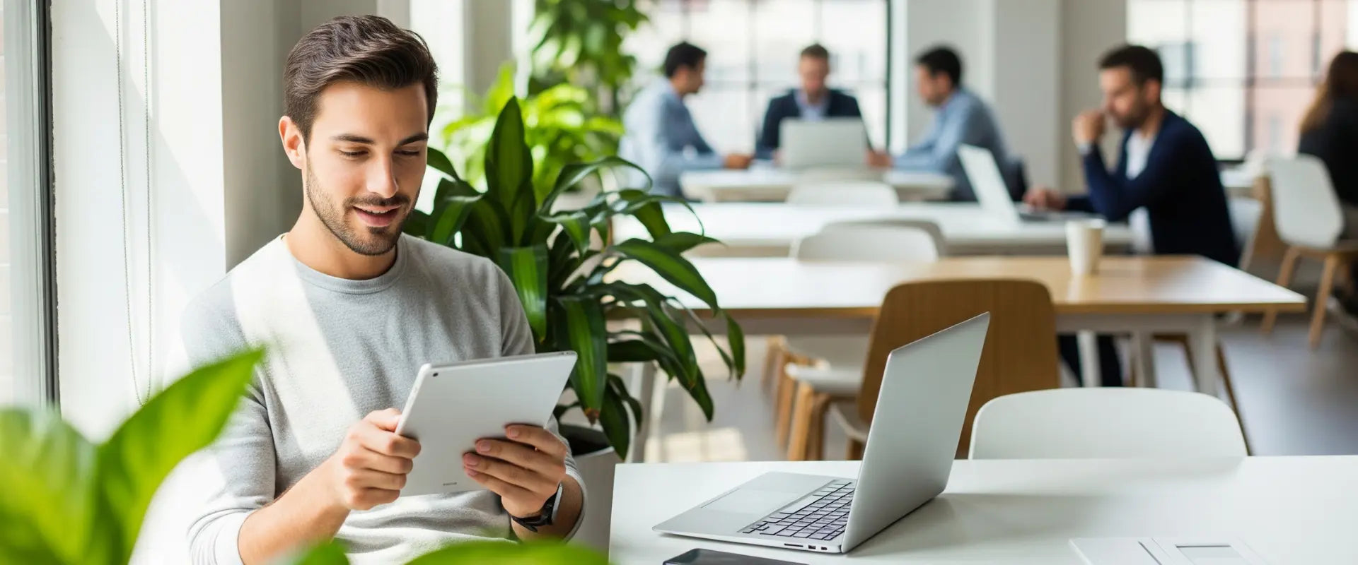Junger Mann sitzt im Coworking-Space und liest das E-Book von einem Unternehmen