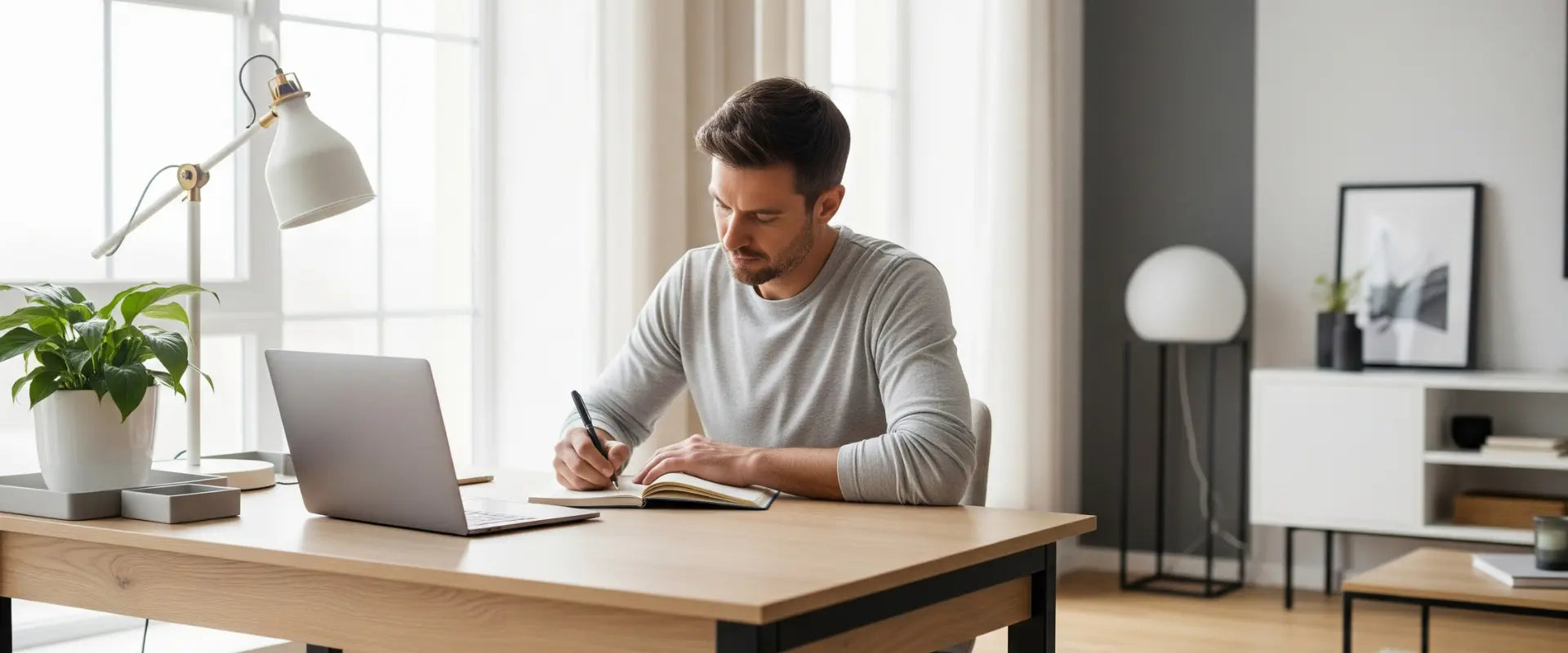 Mann sitzt am Schreibtisch und schreibt ein Buch während eines Online Schreibcoachings
