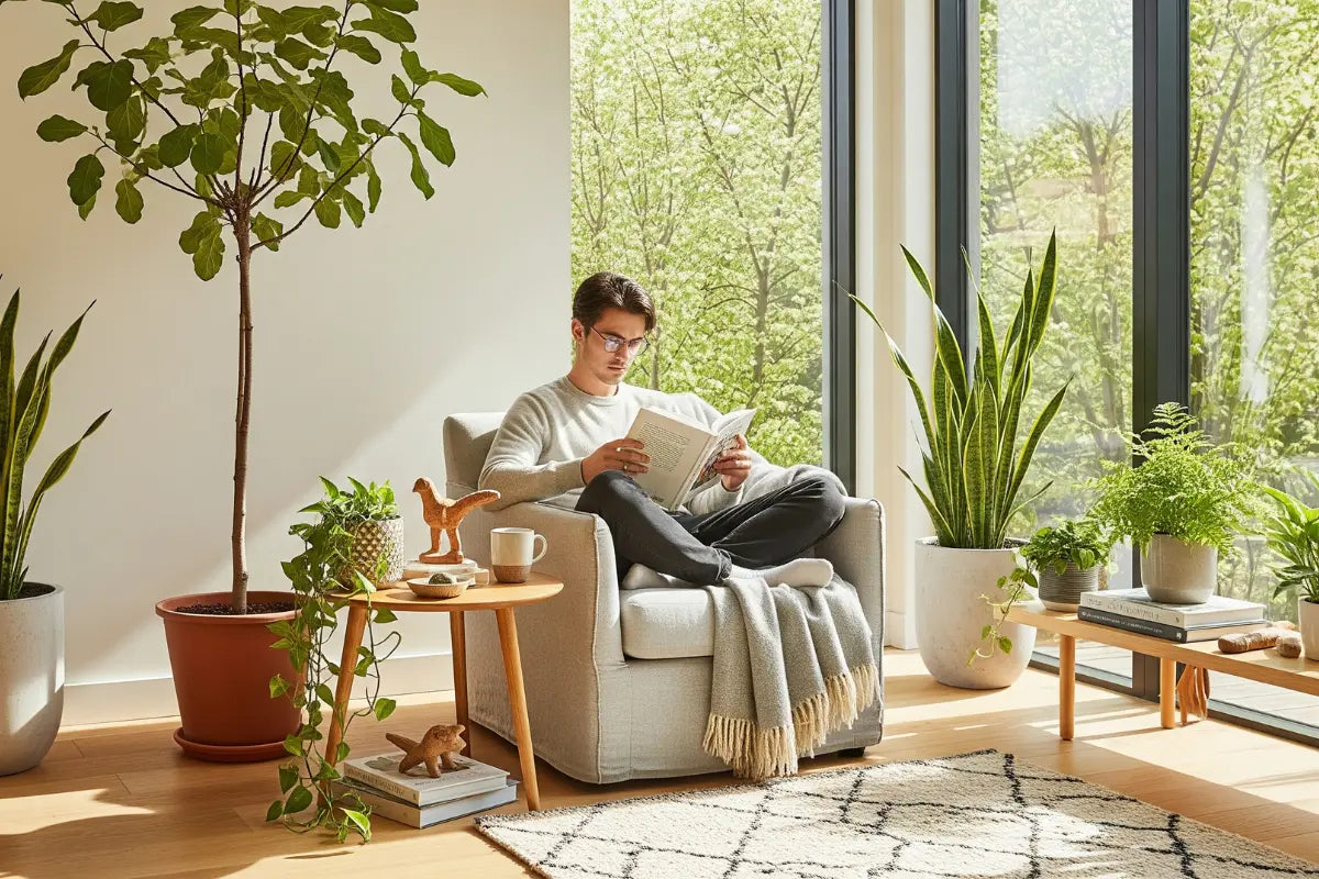 Modernes Wohnzimmer mit Mann, der einen inspirierenden Kurzroman liest.