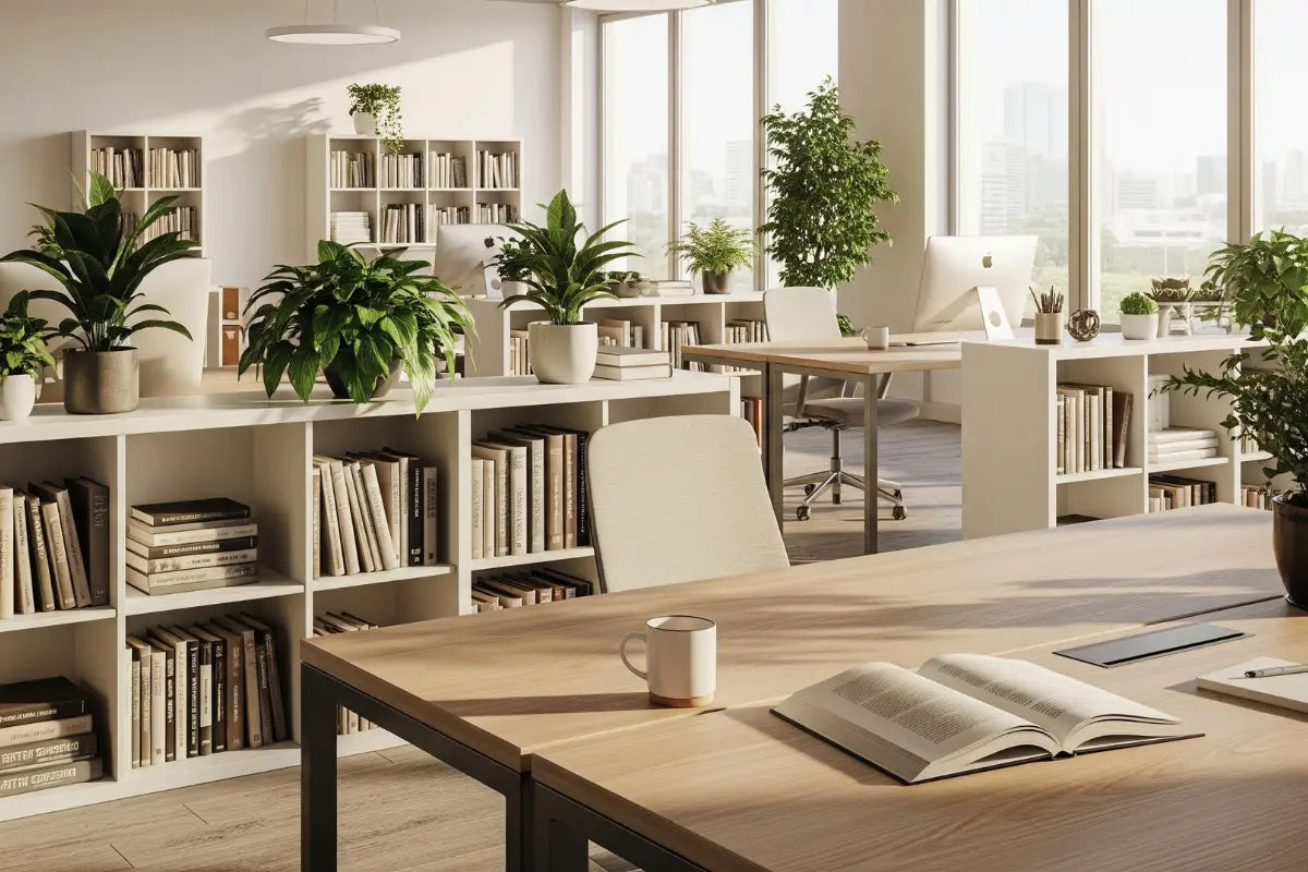Foto von einem modernen Büro mit Büchern und Pflanzen