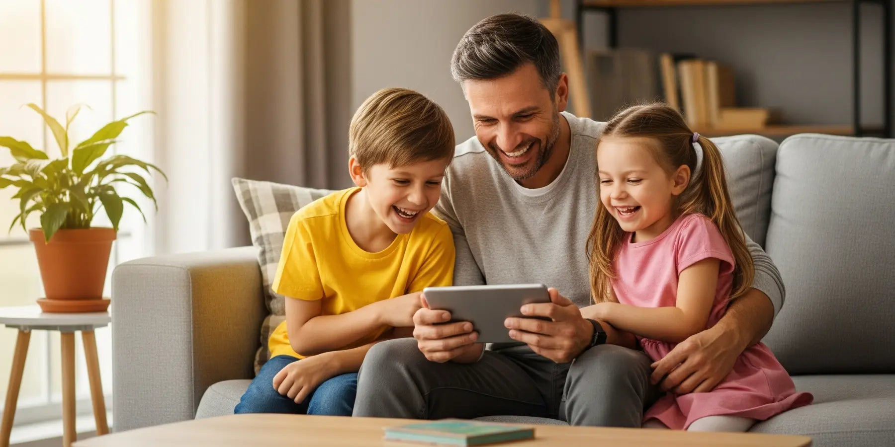 Papa und Kinder sitzen auf einem Sofa im Wohnzimmer und lesen gemeinsam Kindergeschichten am Tablet