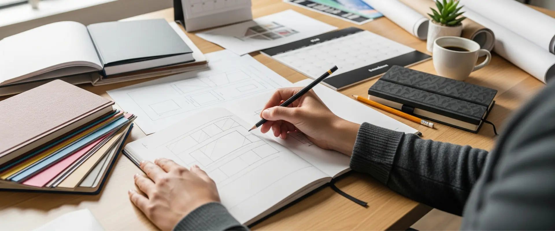 Designer sitzt am Schreibtisch und entwirft ein Print-Design für ein Unternehmen