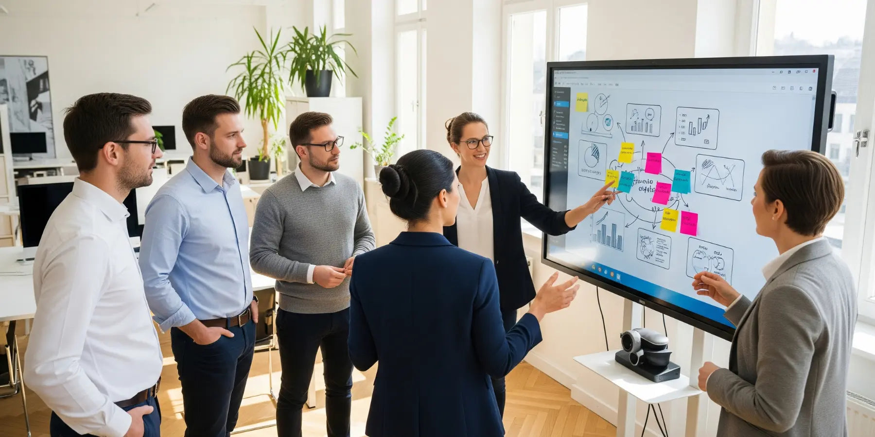 Team steht im Büro vor einem Bildschirm und spricht über die Brainstorming Session für die Content-Marketing Strategie von einem Kunden