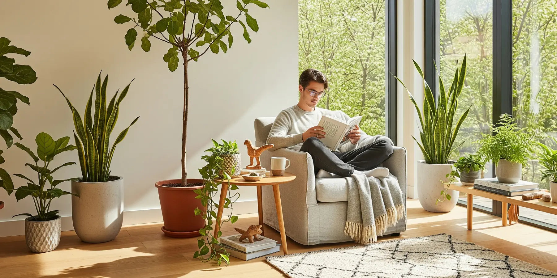 Ein junger Mann liest in einem modernen, gemütlichen, hellen Wohnzimmer mit vielen Pflanzen ein Buch